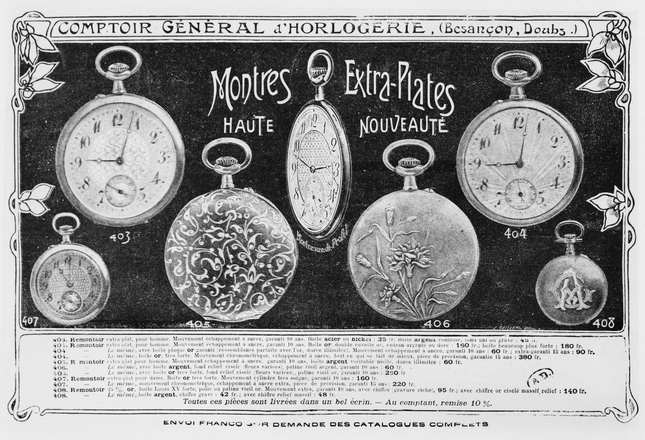 Werbung für Taschenuhren, Comptoir General dhorlogerie, ca. 1900 von French Photographer