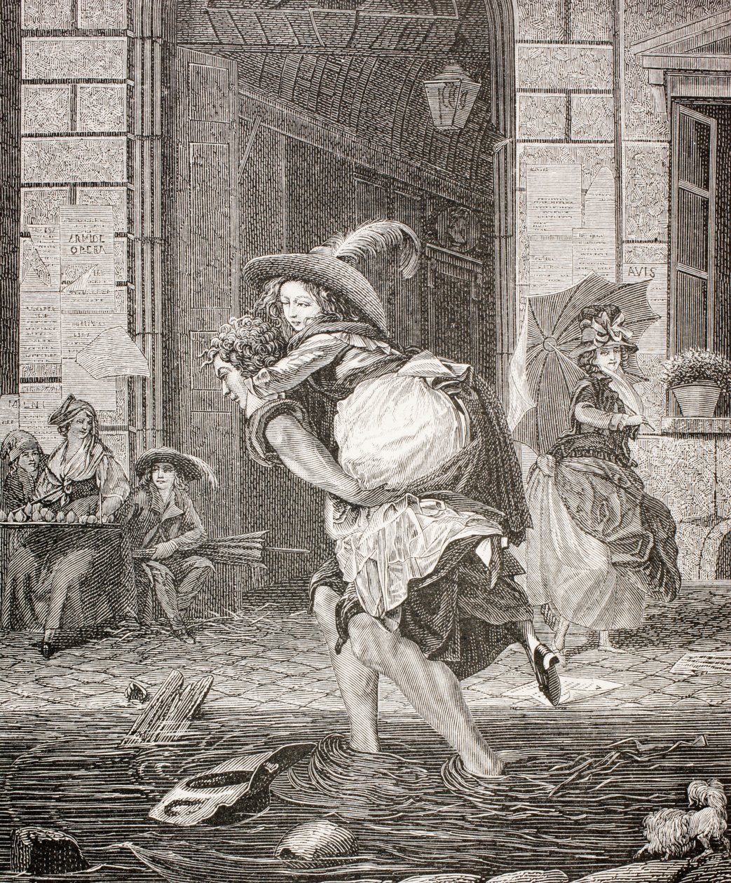 Ein Träger bringt eine Frau an einem regnerischen Tag über die Straße im Paris des 18. Jahrhunderts, 1875 von French School