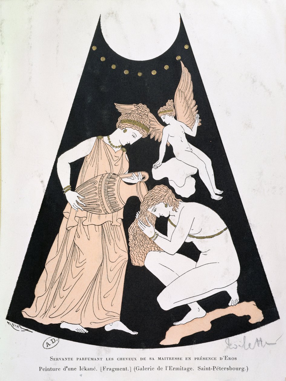 Eine Dienerin parfümiert das Haar ihrer Herrin (Detail von einer griechischen Vase) von French School