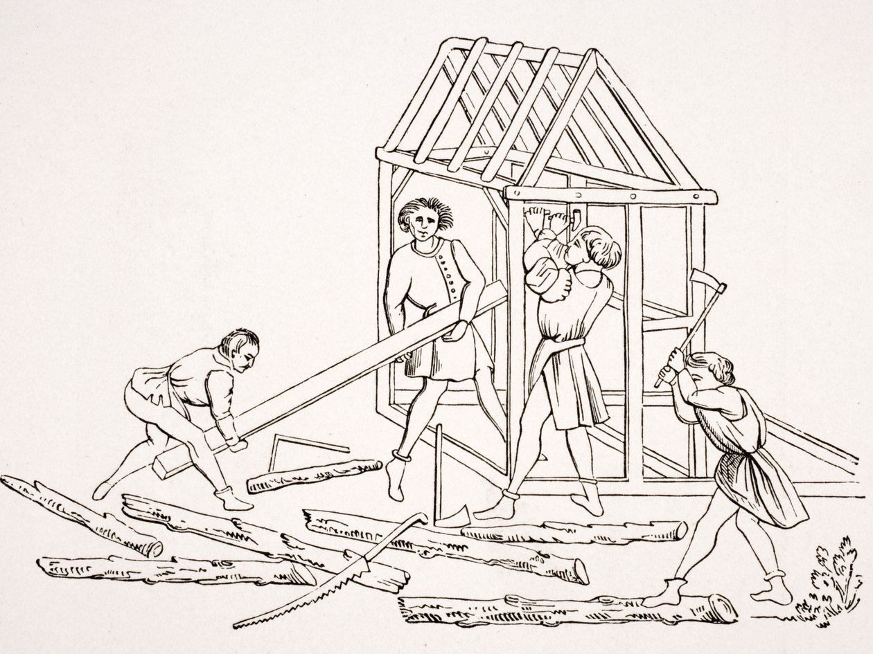Zimmerleute, nach einer Miniatur in einem Manuskript des 15. Jahrhunderts, 