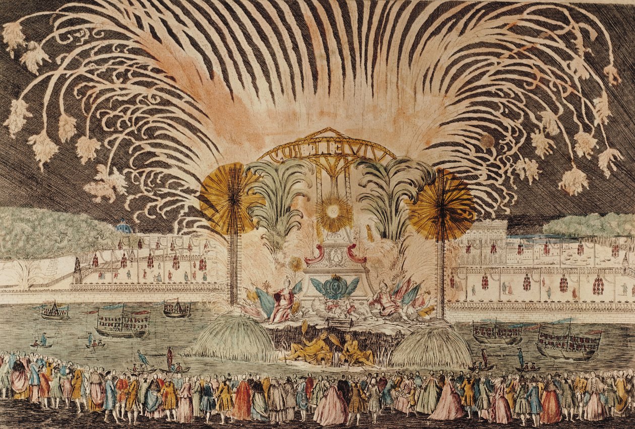 Feuerwerk auf dem Place Louis XV anlässlich der Einweihung der Reiterstatue des Königs, 20. Juni 1763 von French School