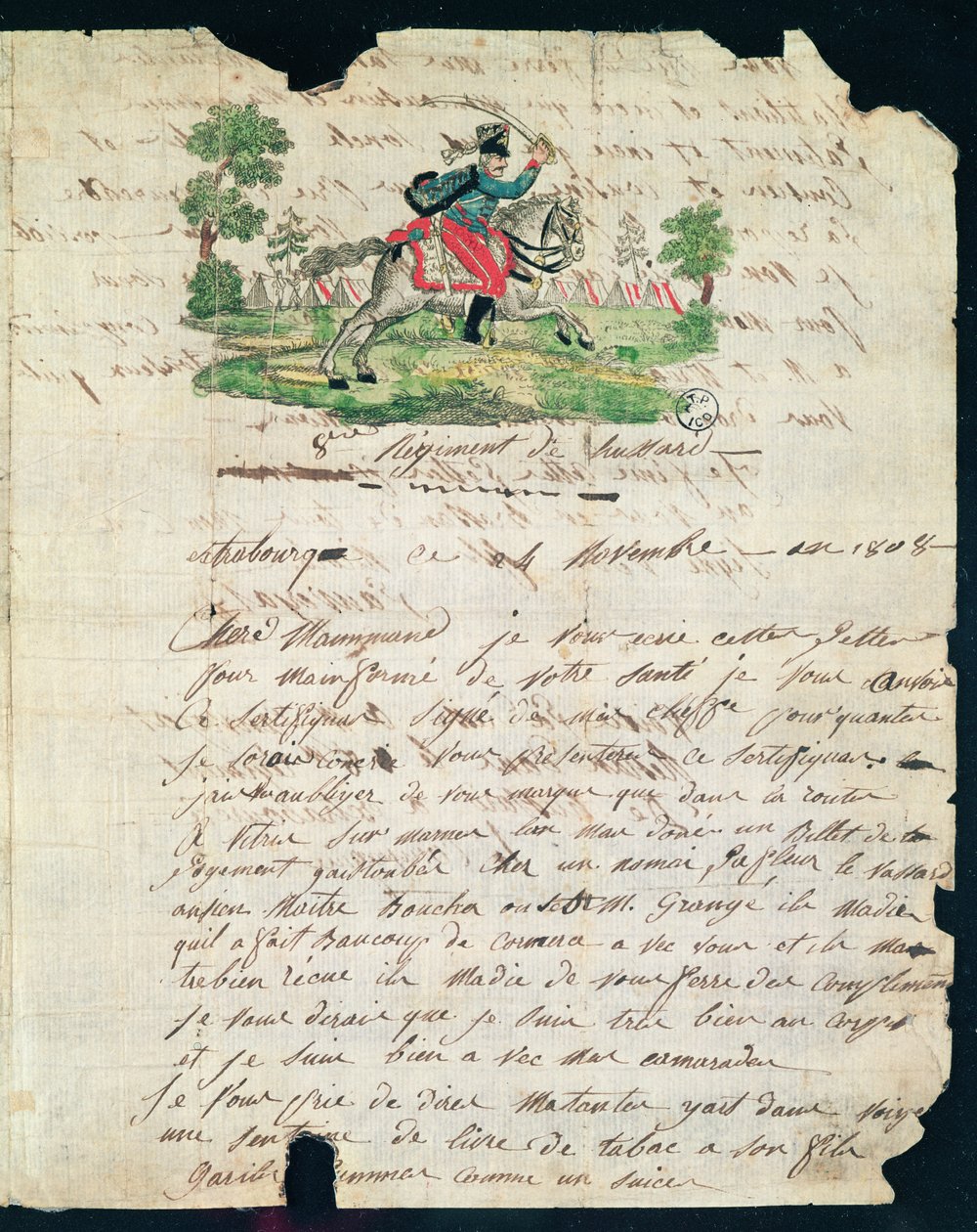 Illustrierter Brief eines Husaren des 8. Regiments an seine Mutter, 14. November 1808 von French School
