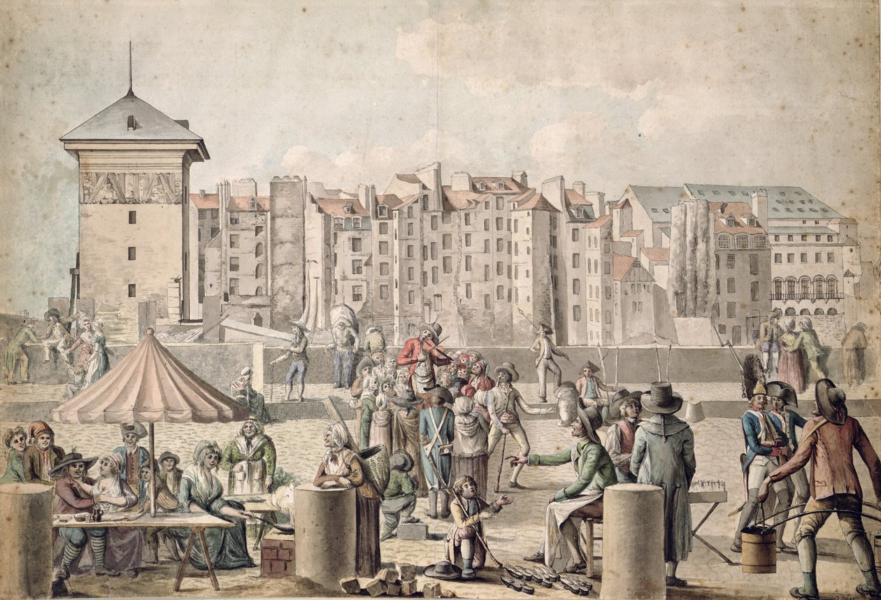 Gaukler und Spaziergänger auf der Pont au Change, Paris c.1790 von French School