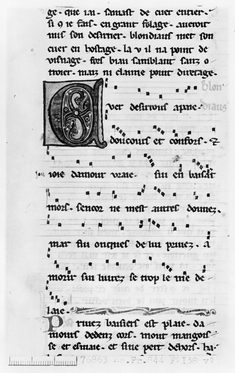 Ms.Fr 844 fol.138v Lied von Blondel de Nesles (spätes 12. Jahrhundert) von French School