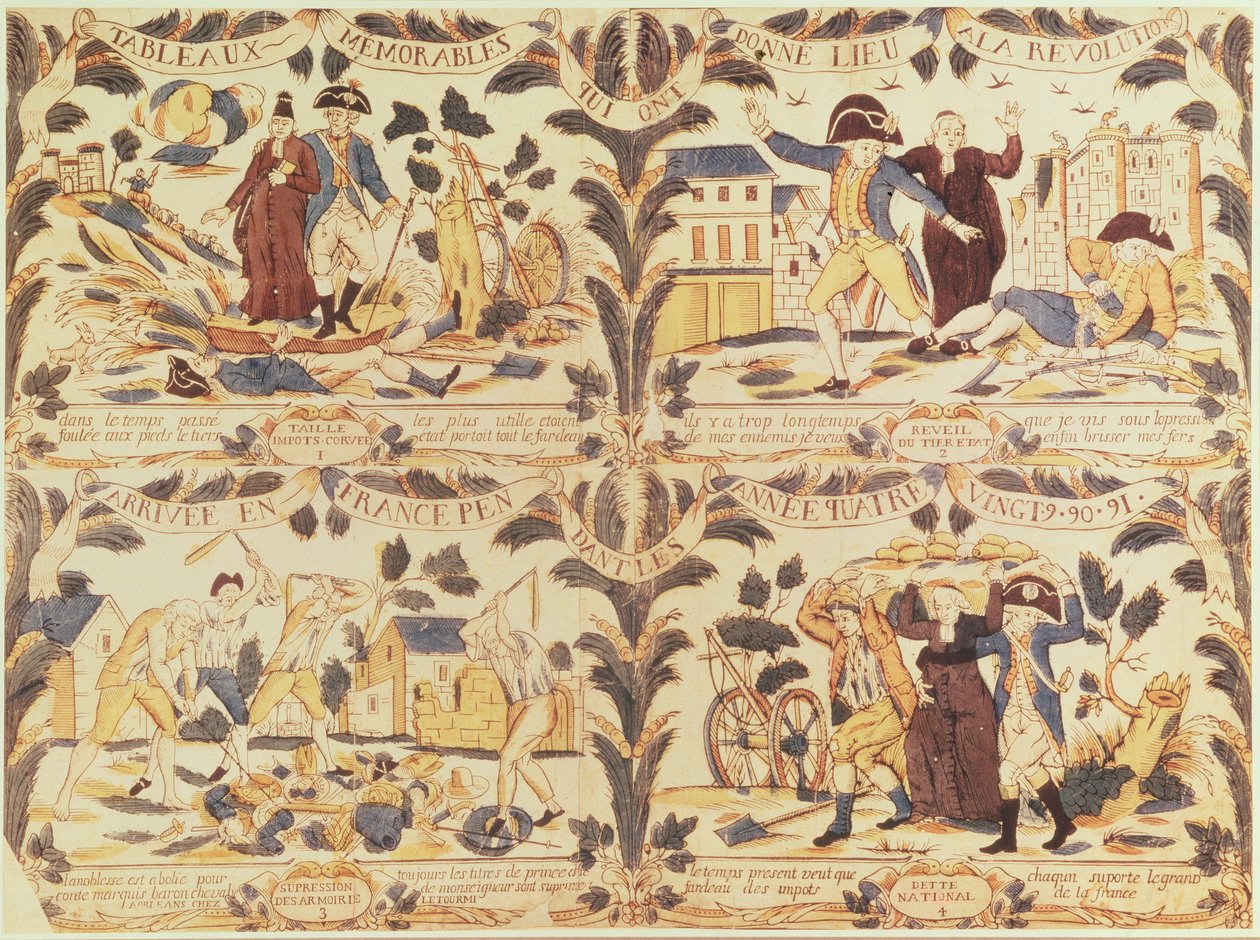Beliebte Bilder, die in Comicstrips die Hauptursachen der Revolution in Frankreich hervorheben, ca. 1792 von French School