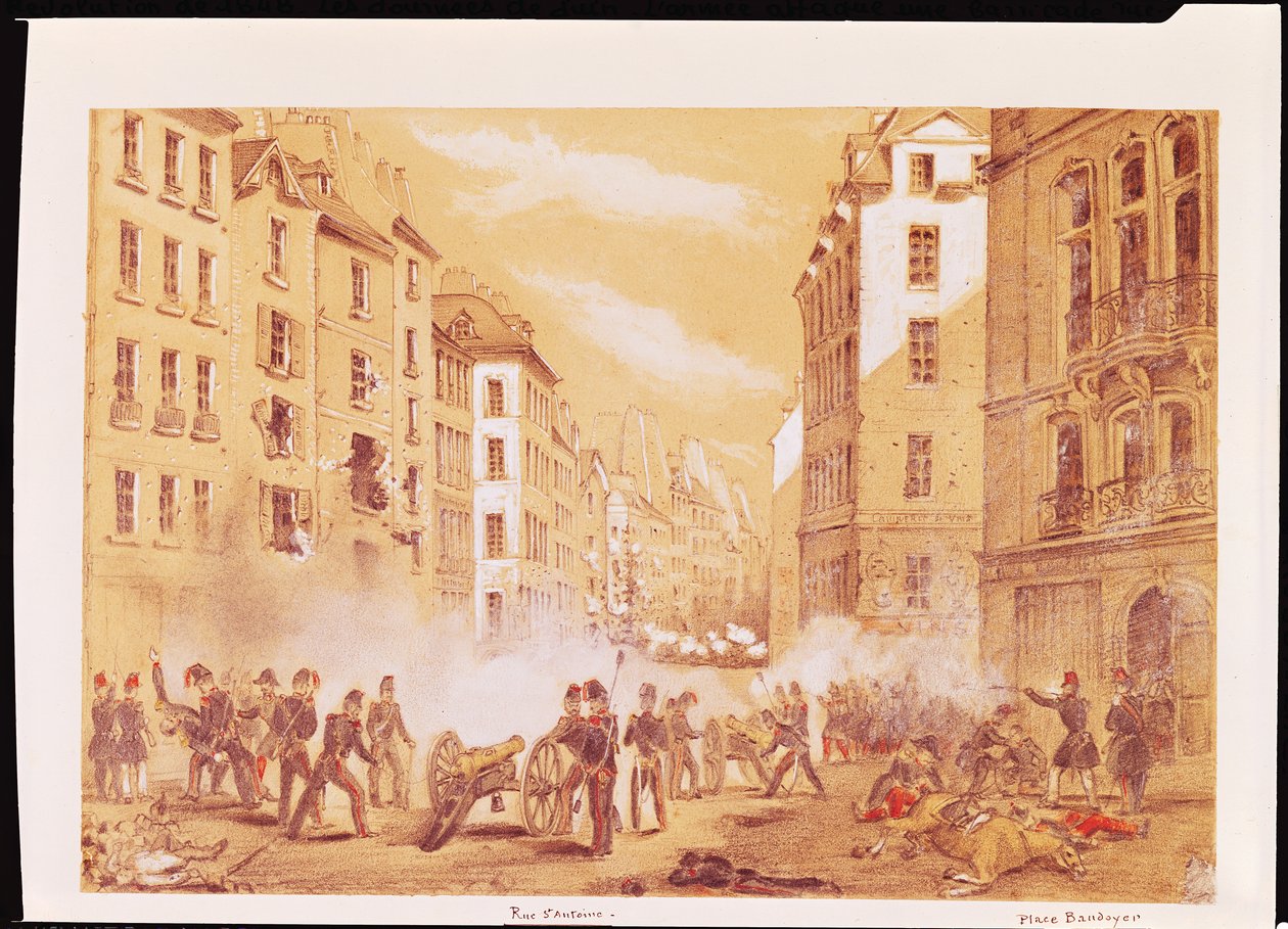 Die Armee greift eine Barrikade in der Rue St. Antoine an von French School
