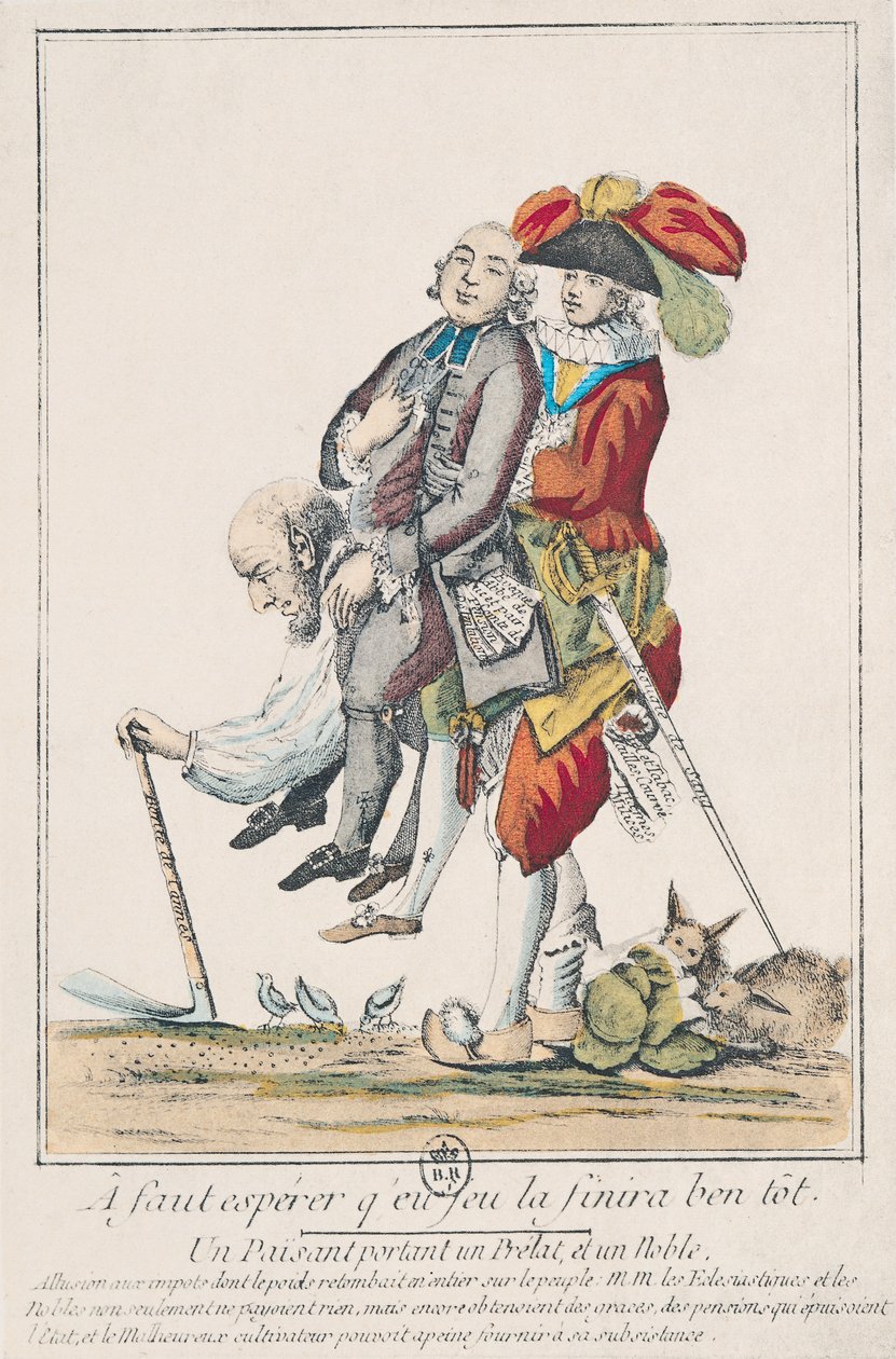 Das Spiel muss bald enden, ein Bauer trägt einen Geistlichen und einen Adligen, 1789 von French School