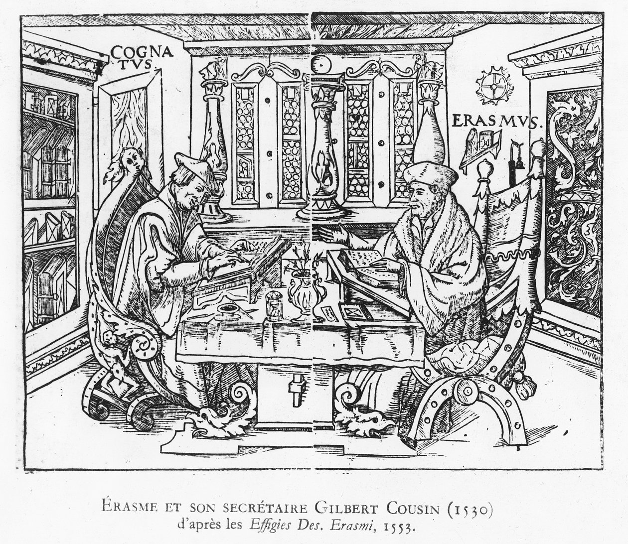 Erasmus und sein Sekretär Gilbert Cousin (Holzschnitt) von French School