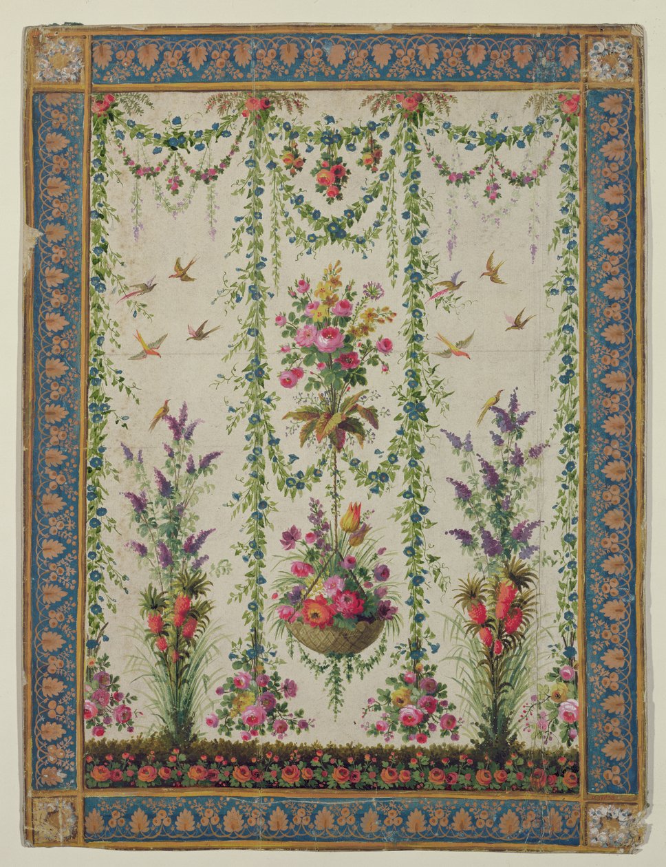 Blumen und ein hängender Korb von French School