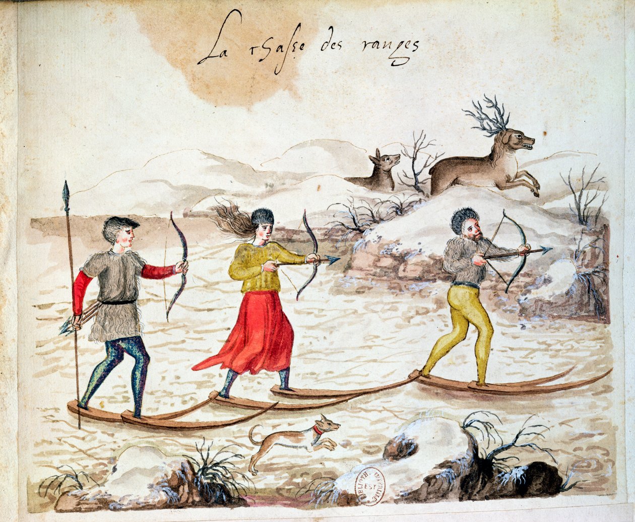 Hirsche jagen auf Skiern von French School