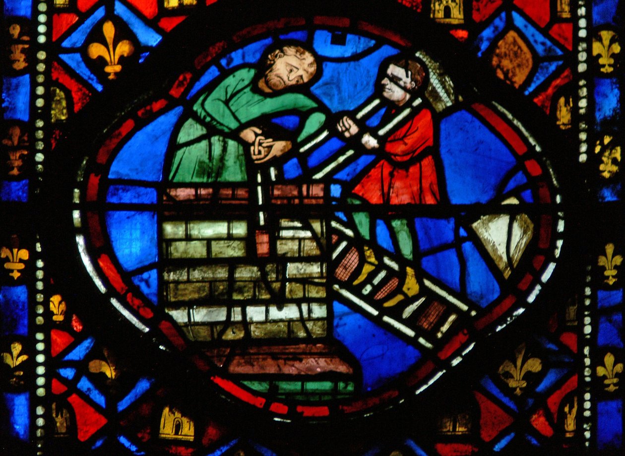 Fenster Ew-R, Theophilus baut eine Kirche von French School