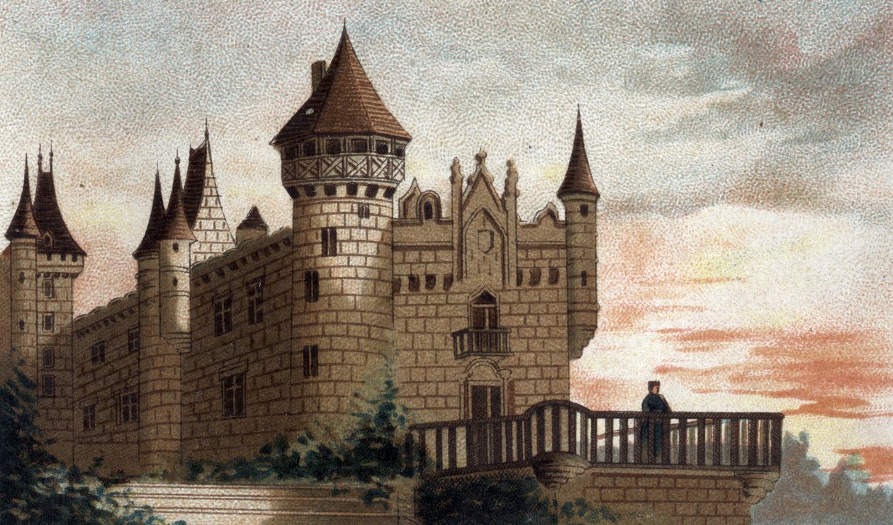 Ansicht des Schlosses von Busset (Allier). von French School