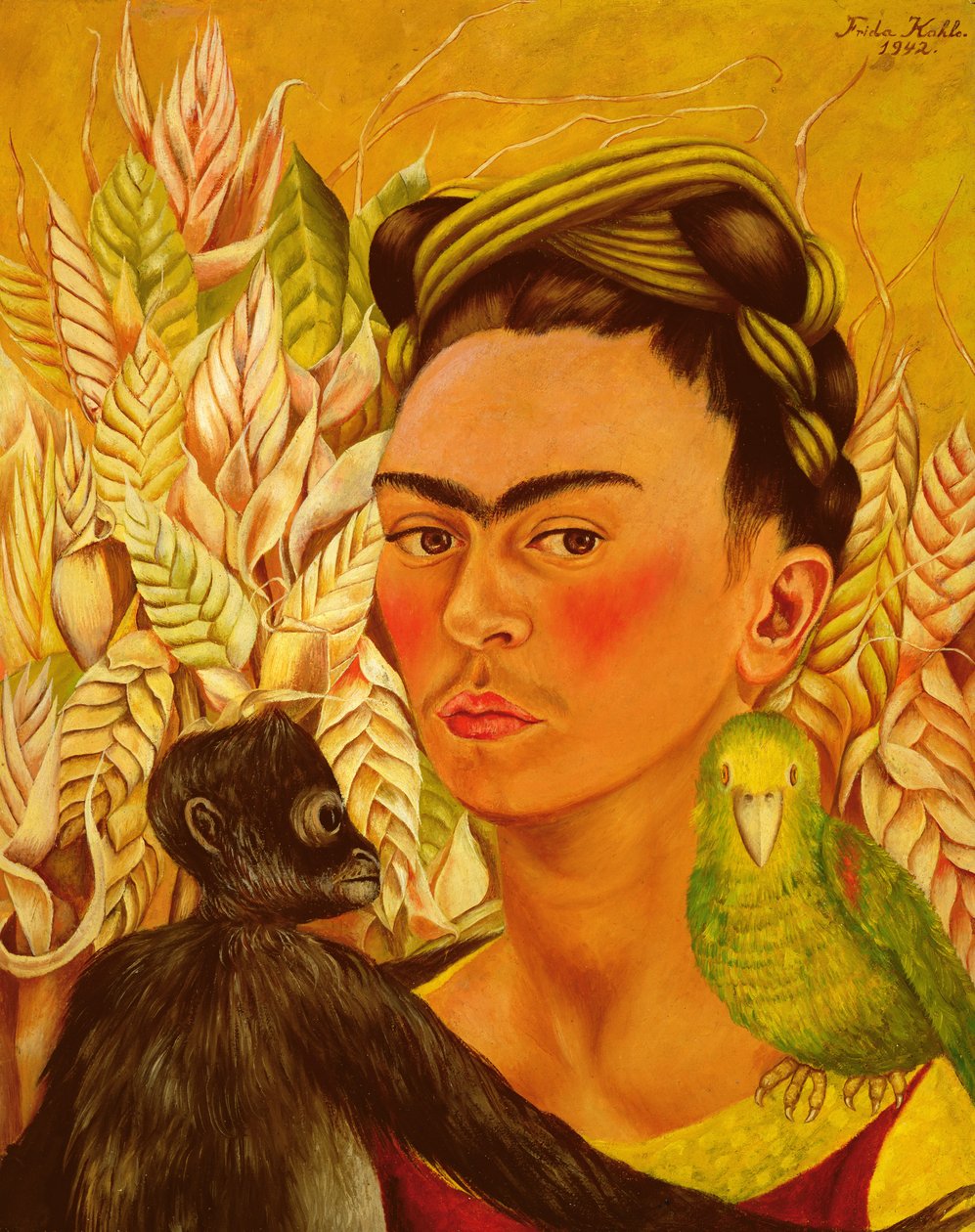 Selbstporträt mit Affe und Papagei von Frida Kahlo