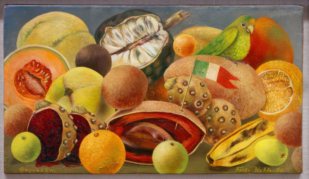 Stillleben mit Papagei und Fahne von Frida Kahlo