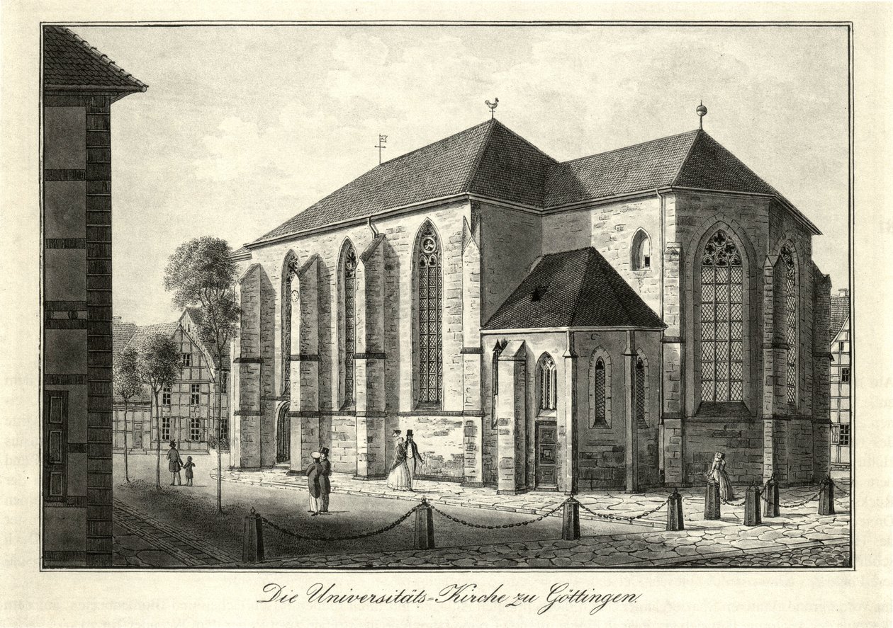 Ansicht der Nikolaikirche und des Nikolaikirchhofs in Göttingen von Südosten, genutzt seit 1822 als Universitätskirche von Friedrich Besemann