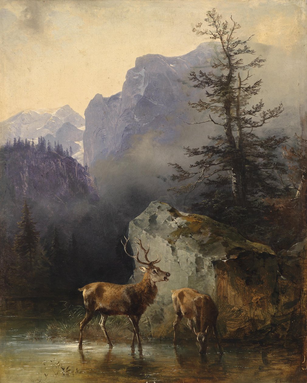 Hirsch und Tier an der Tränke von Friedrich Gauermann