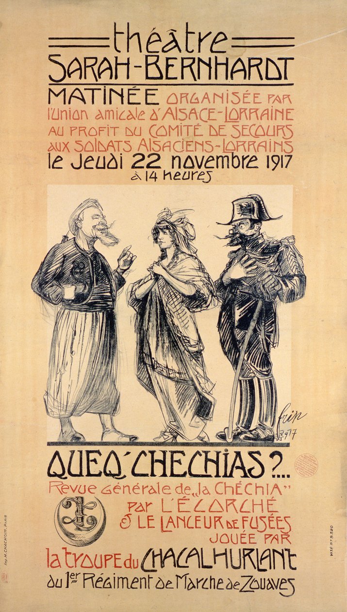 Plakat zur Werbung für eine Benefiz-Matinée im Sarah Bernhardt Theater, Paris, zur Unterstützung der Soldaten aus Elsass-Lothringen, 1917 von Frip
