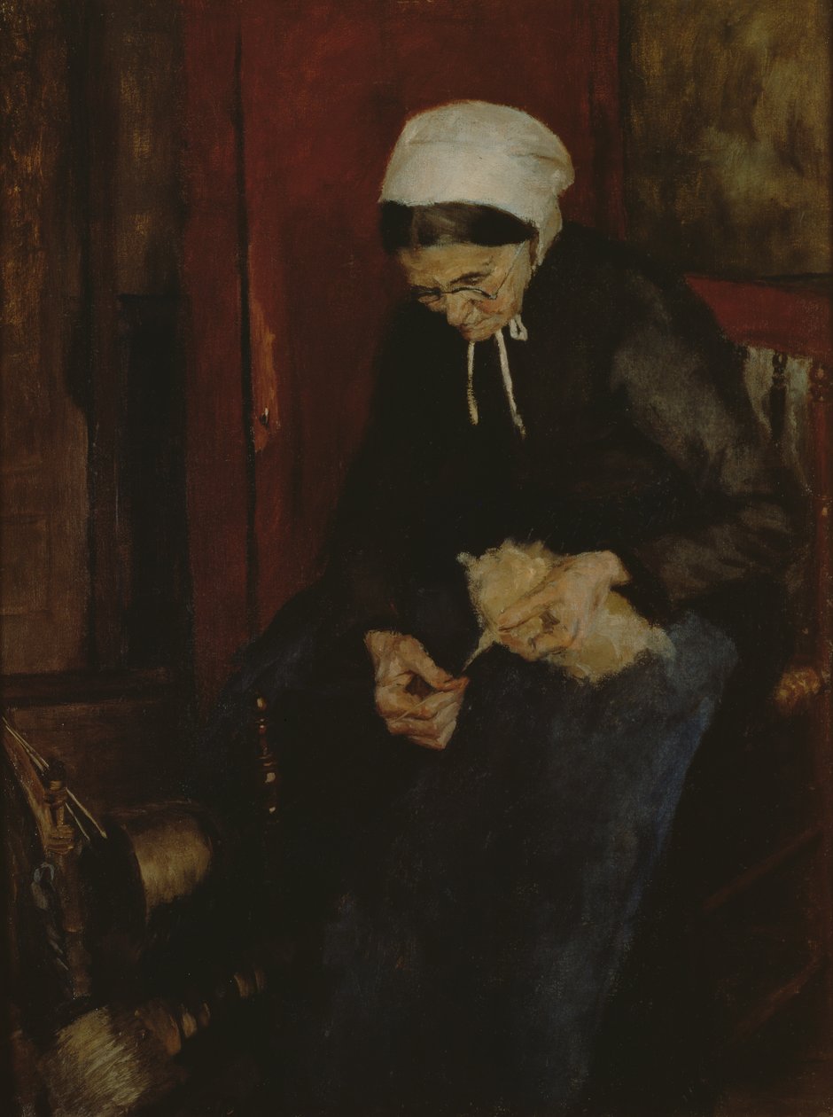 Alte Frau beim Spinnen von Wolle von Fritz Mackensen
