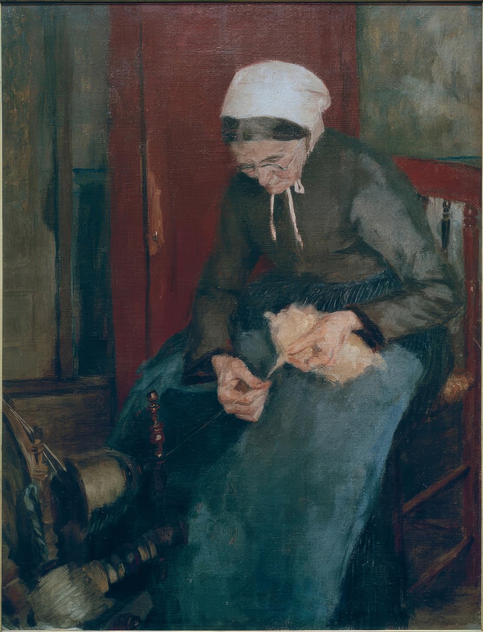 Alte Frau beim Spinnen von Fritz Mackensen