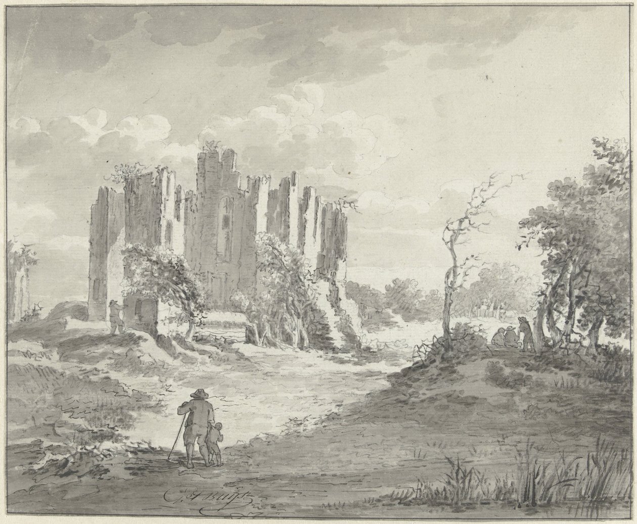 Landschaft mit Ruine und einigen Bauern von G.F. Buijs (possibly)