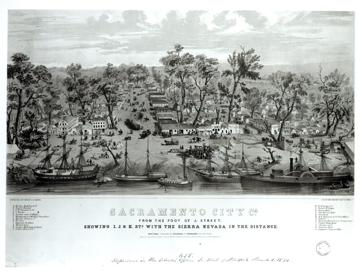 Sacramento City, Kalifornien, vom Fuß der J. Straße mit Blick auf die I., J. und K. Straßen und die Sierra Nevada in der Ferne, graviert von William Endicott und Co., 1849 von G.V. Cooper