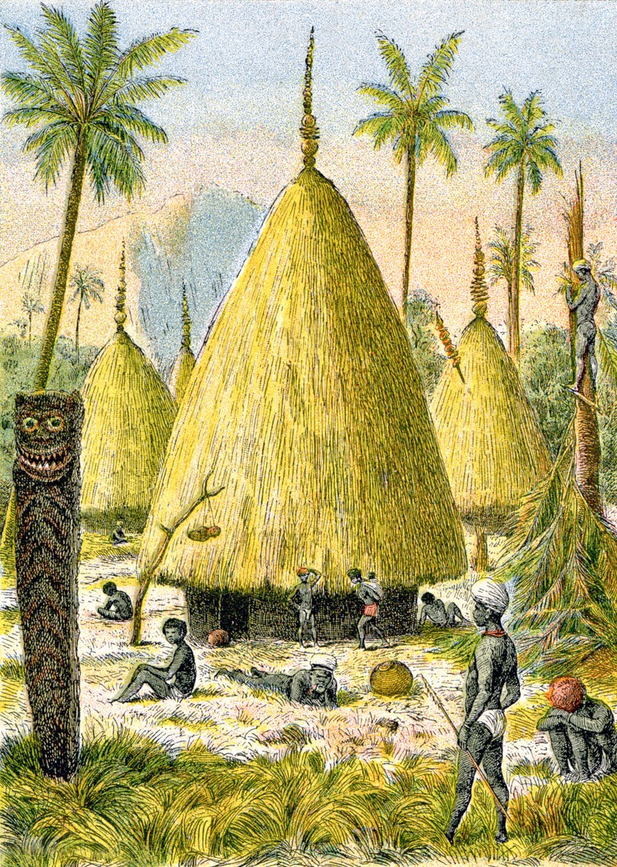 Canaque-Dorf in Neukaledonien, ca. 1900-1910 (Illustration) von G. Dascher