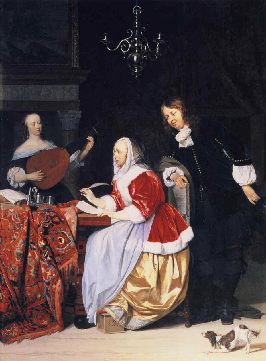 Eine junge Frau komponiert Musik von Gabriel Metsu