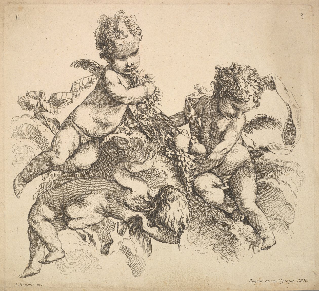 Drei Kinder mit einer Obstschale, 1738-45 von Gabriel Huquier