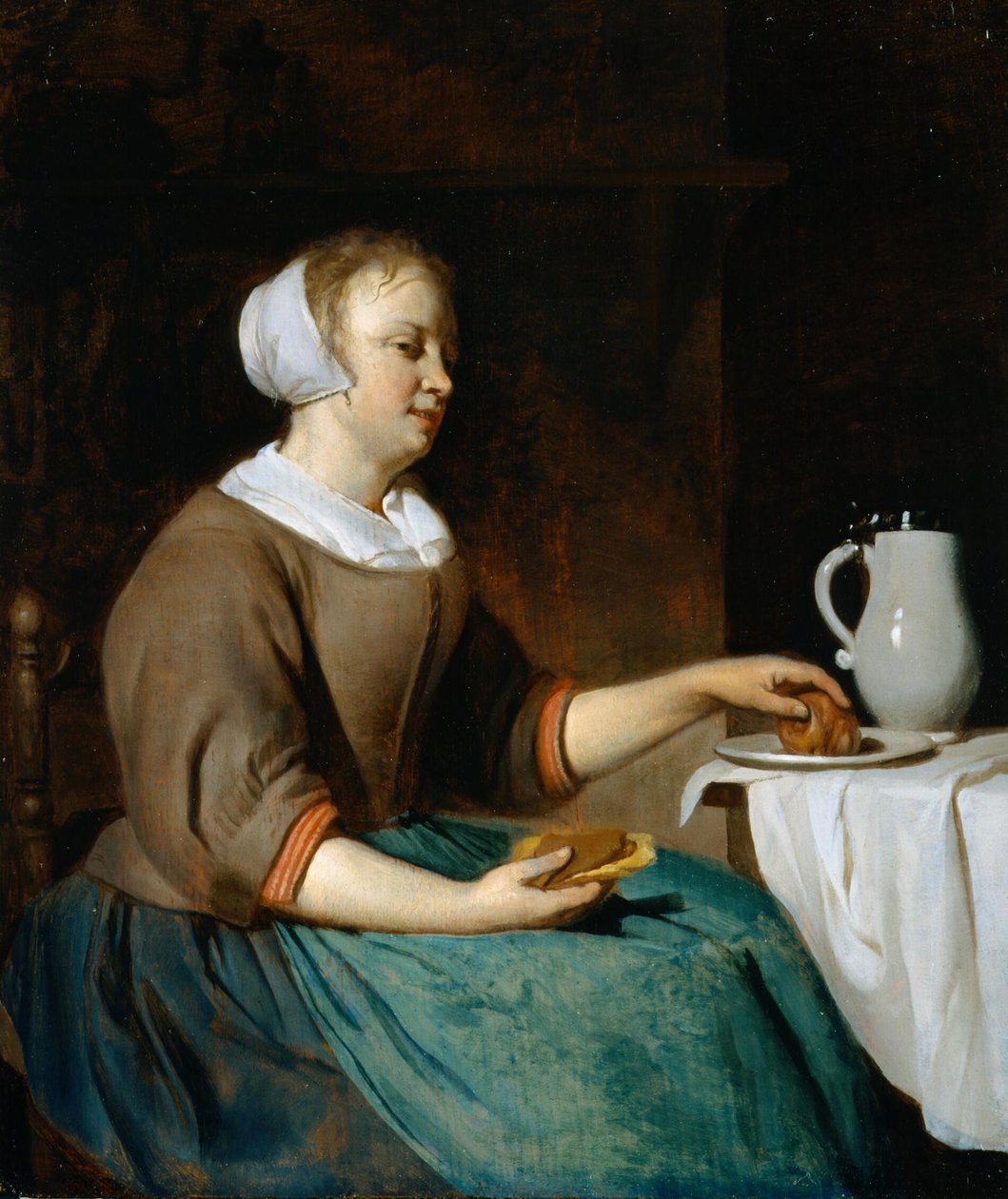 Junge Frau beim Essen an einem Tisch von Gabriel Metsu