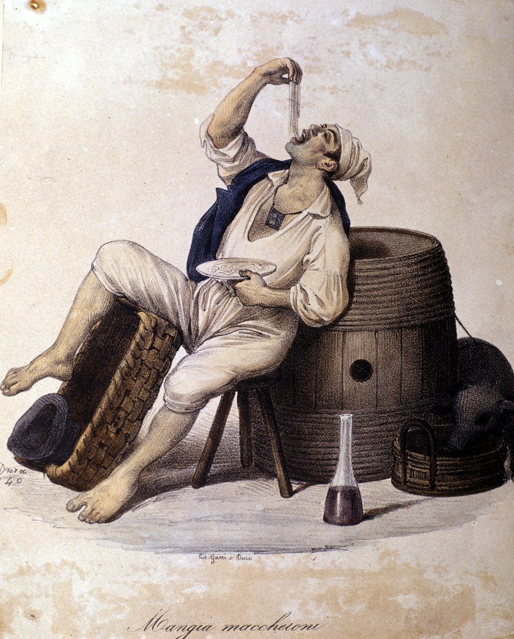Neapolitaner essen Makkaroni. Lithographie von Dura von Gaetano Dura