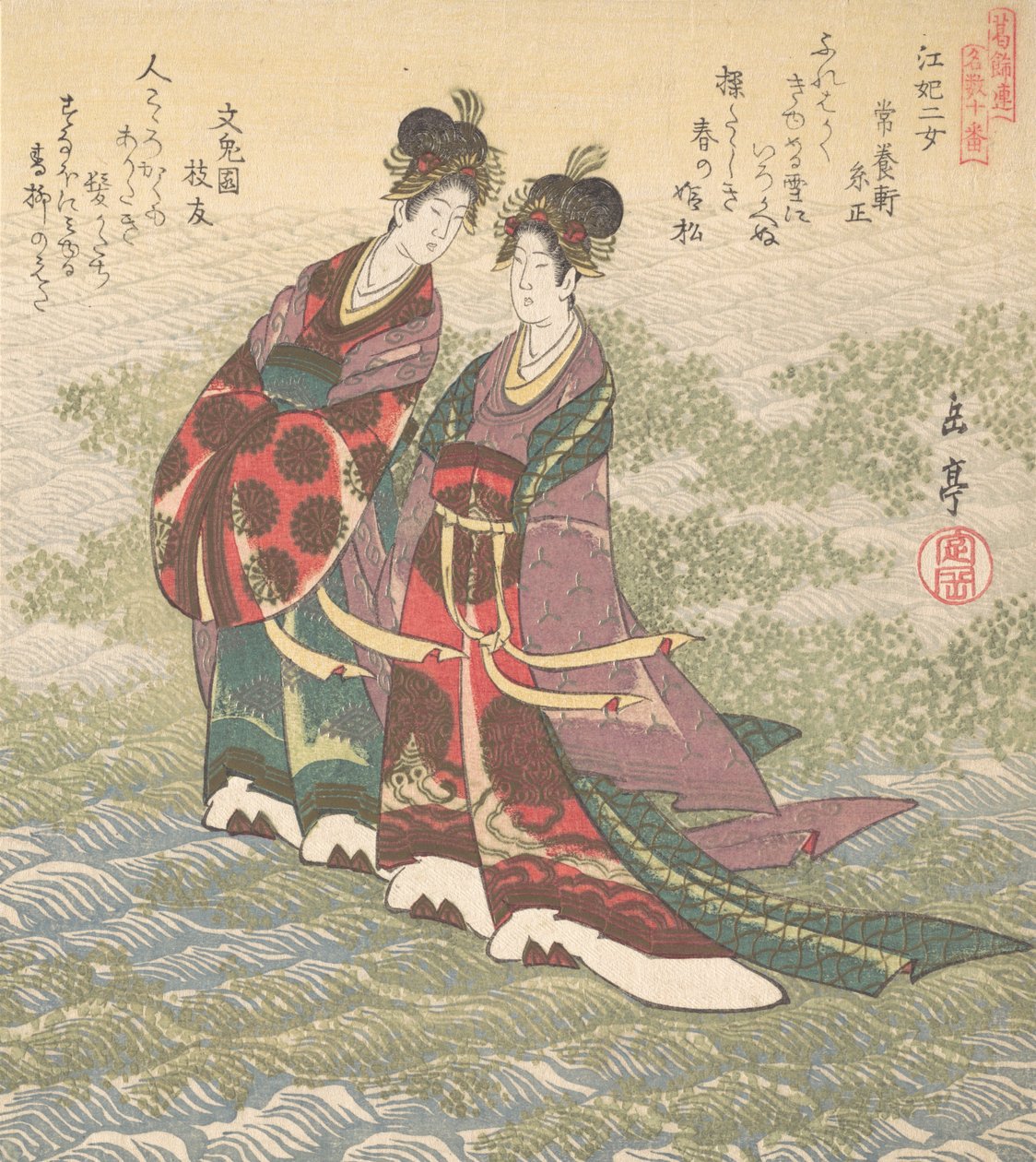 Zwei Damen gehen auf dem Wasser, 19. Jahrhundert von Gakutei