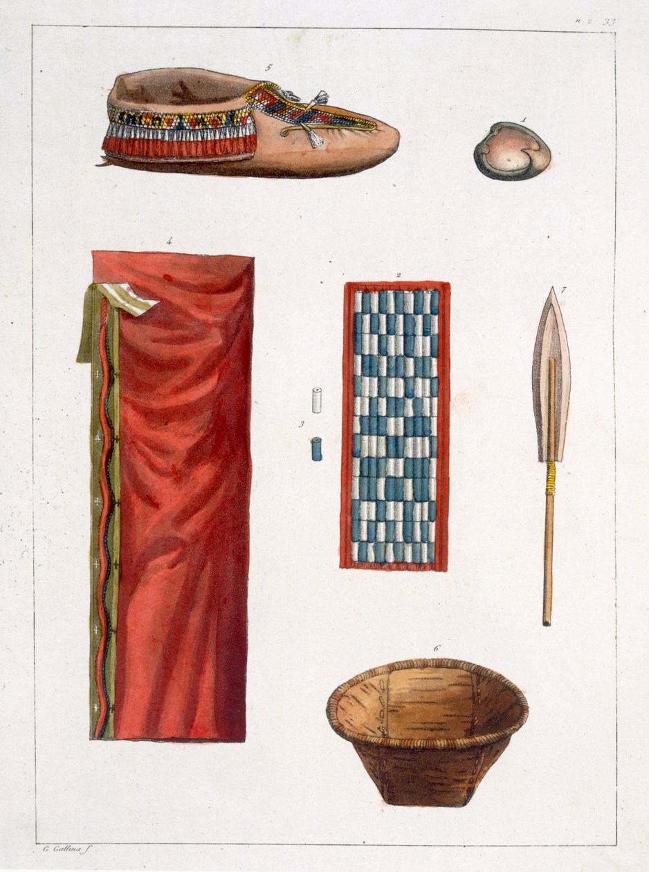 Gegenstände der kanadischen Indianer (Farbstich) von Gallo Gallina