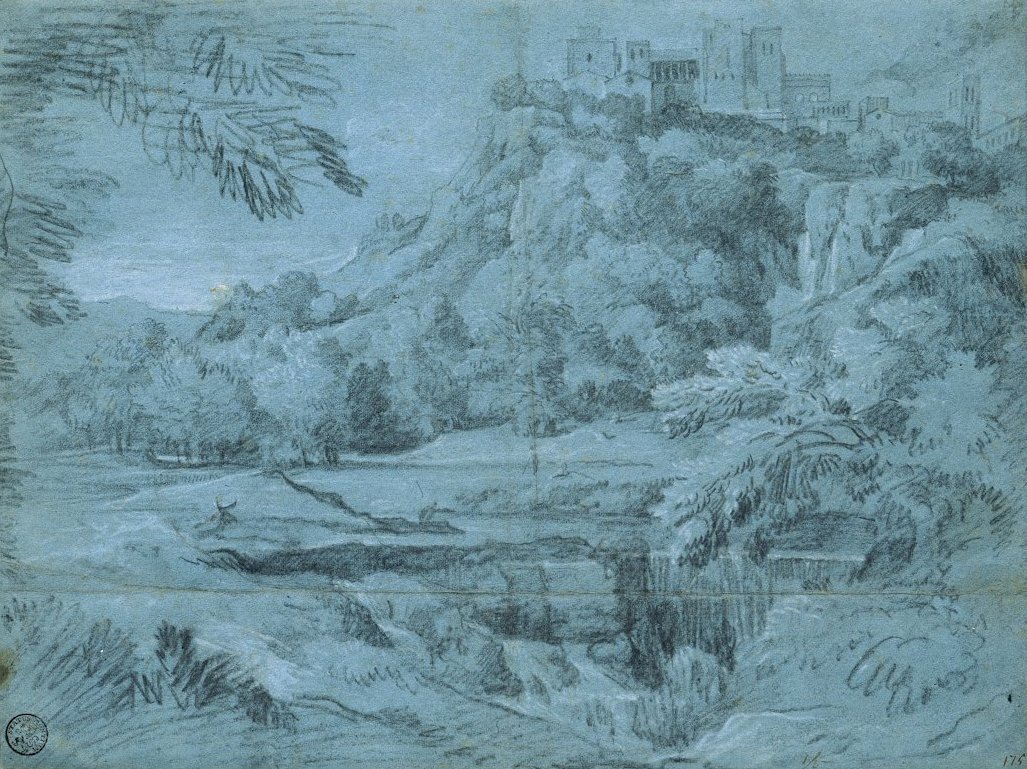 Landschaft mit Bergstadt und Wasserfall von Gaspard Poussin Dughet