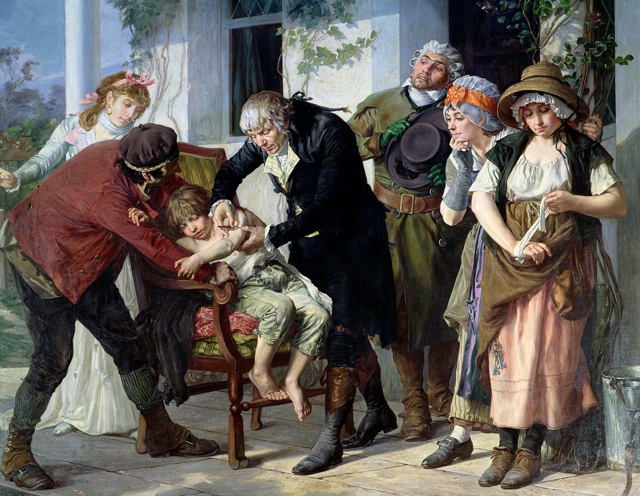 Edward Jenner (1749-1823) führt 1796 die erste Impfung gegen Pocken durch, 1879 (Detail) von Gaston Melingue