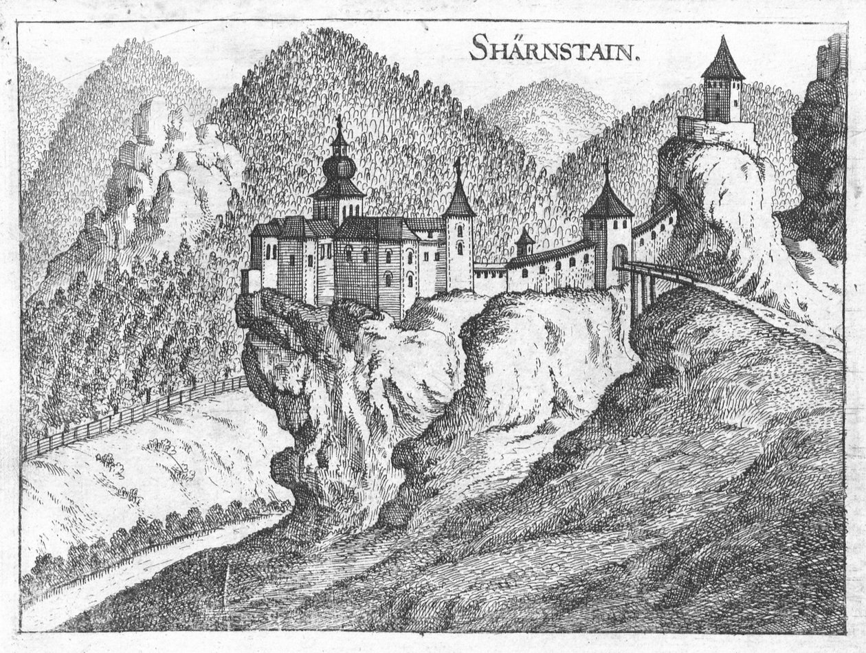 Kupferstich, Ansicht der Burg Scharnstein, Oberösterreich von Georg Matthaus Vischer
