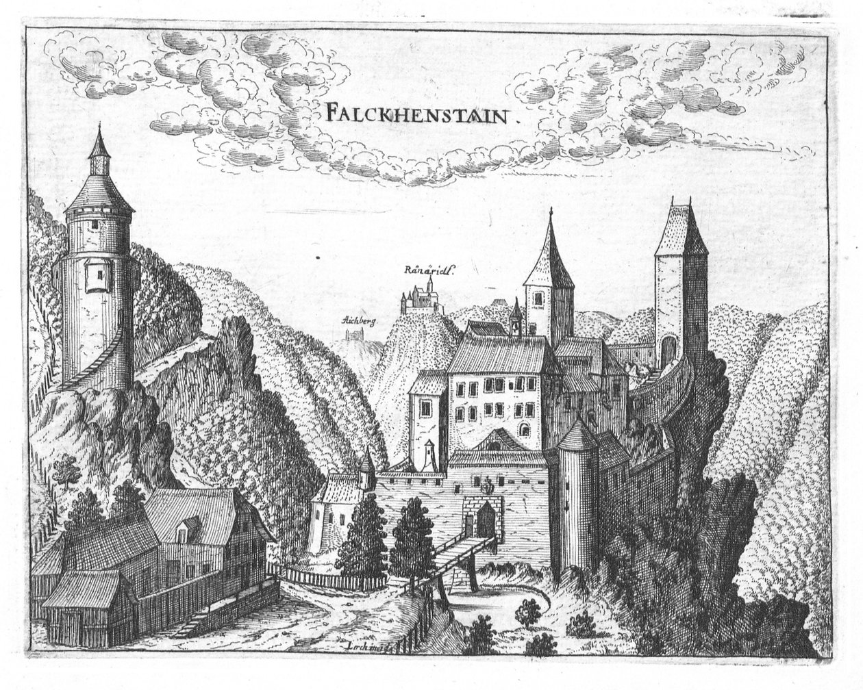Gravur, Ansicht der Burg Falkenstein, Oberösterreich von Georg Matthaus Vischer