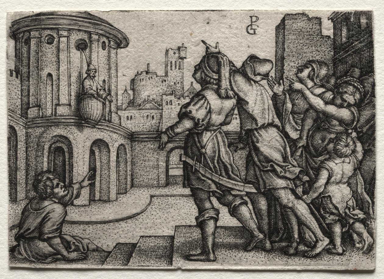 Vergil in einem Korb hängend, um 1541-42 von Georg Pencz