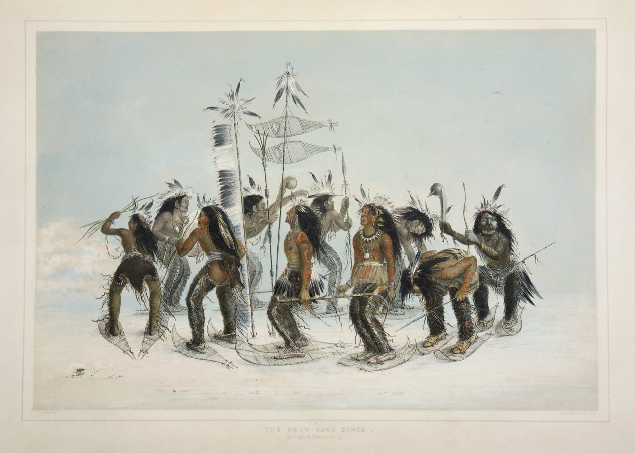 Der Schneeschuhtanz, aus Catlins Nordamerikanisches Indianer-Portfolio. Jagdszenen und Vergnügungen der Rocky Mountains und Prärien Amerikas, veröffentlicht 1845 von George Catlin