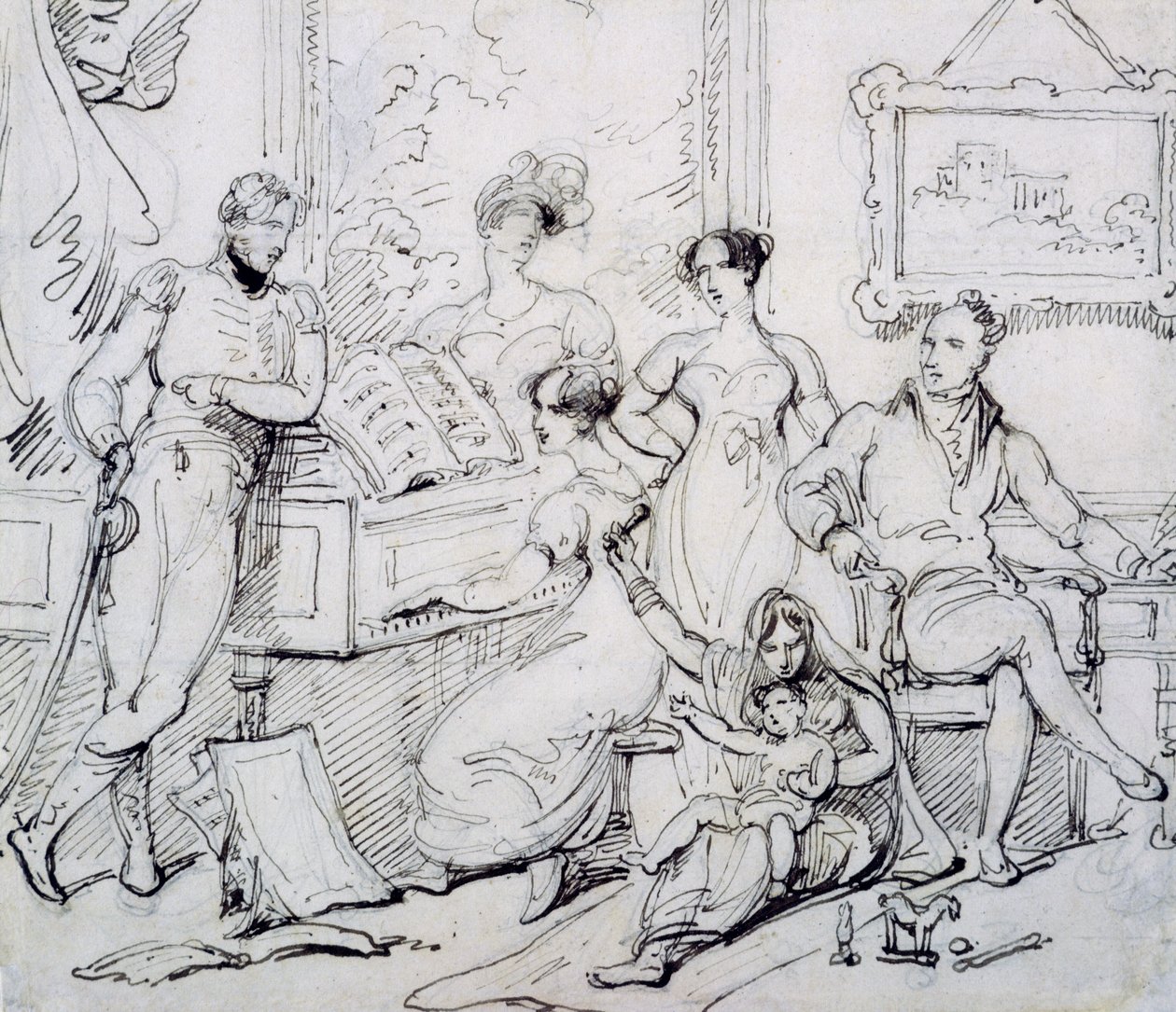 Eine Familiengruppe um ein Klavier von George Chinnery