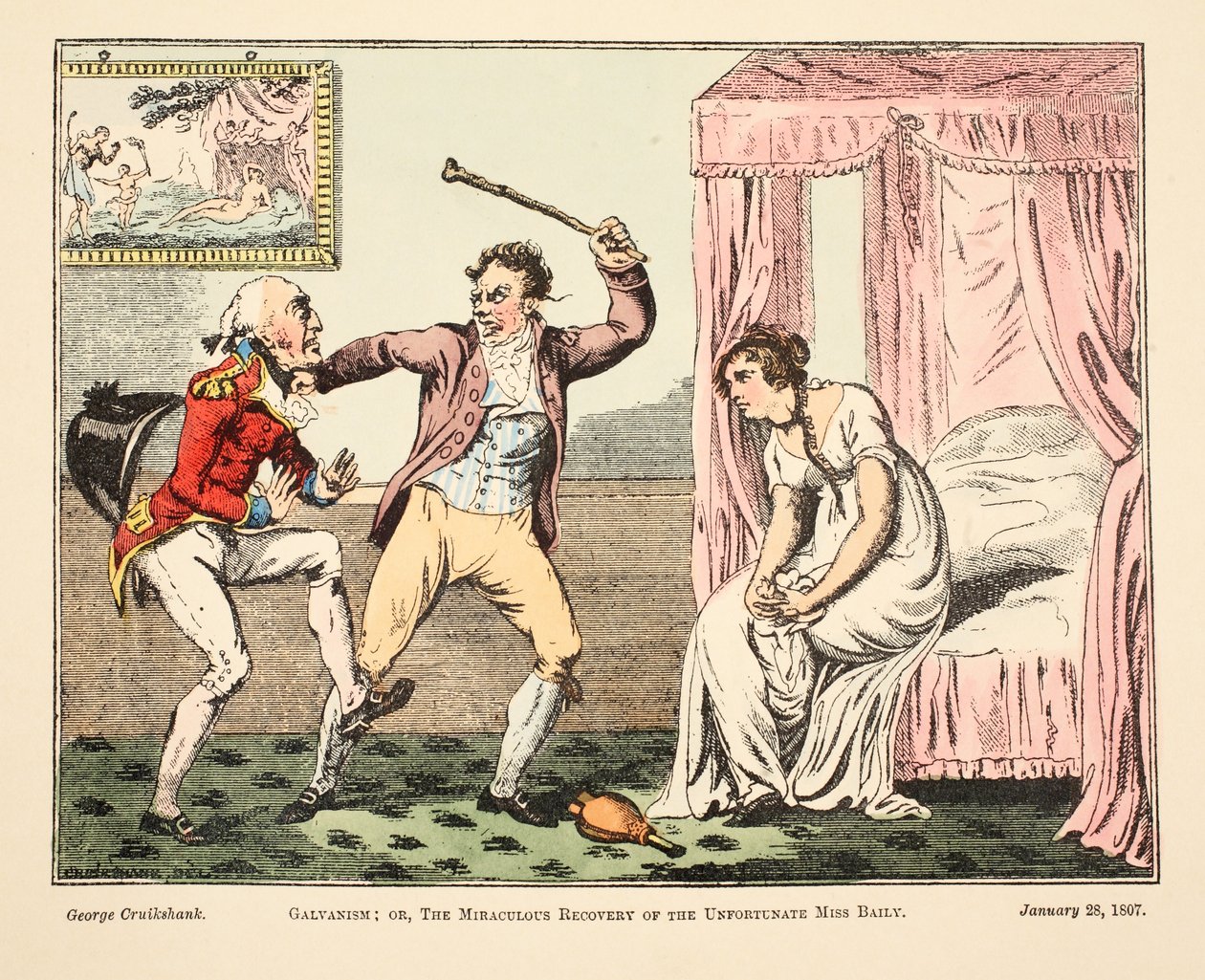 Galvanismus; oder die wunderbare Genesung der unglücklichen Miss Baily, veröffentlicht 1807 von George Cruikshank