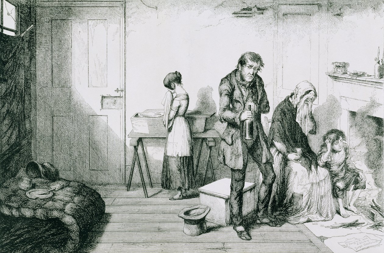 Die Flasche, Platte V, Kälte, Elend und Not zerstören ihr jüngstes Kind: Sie trösten sich mit der Flasche, 1847 von George Cruikshank