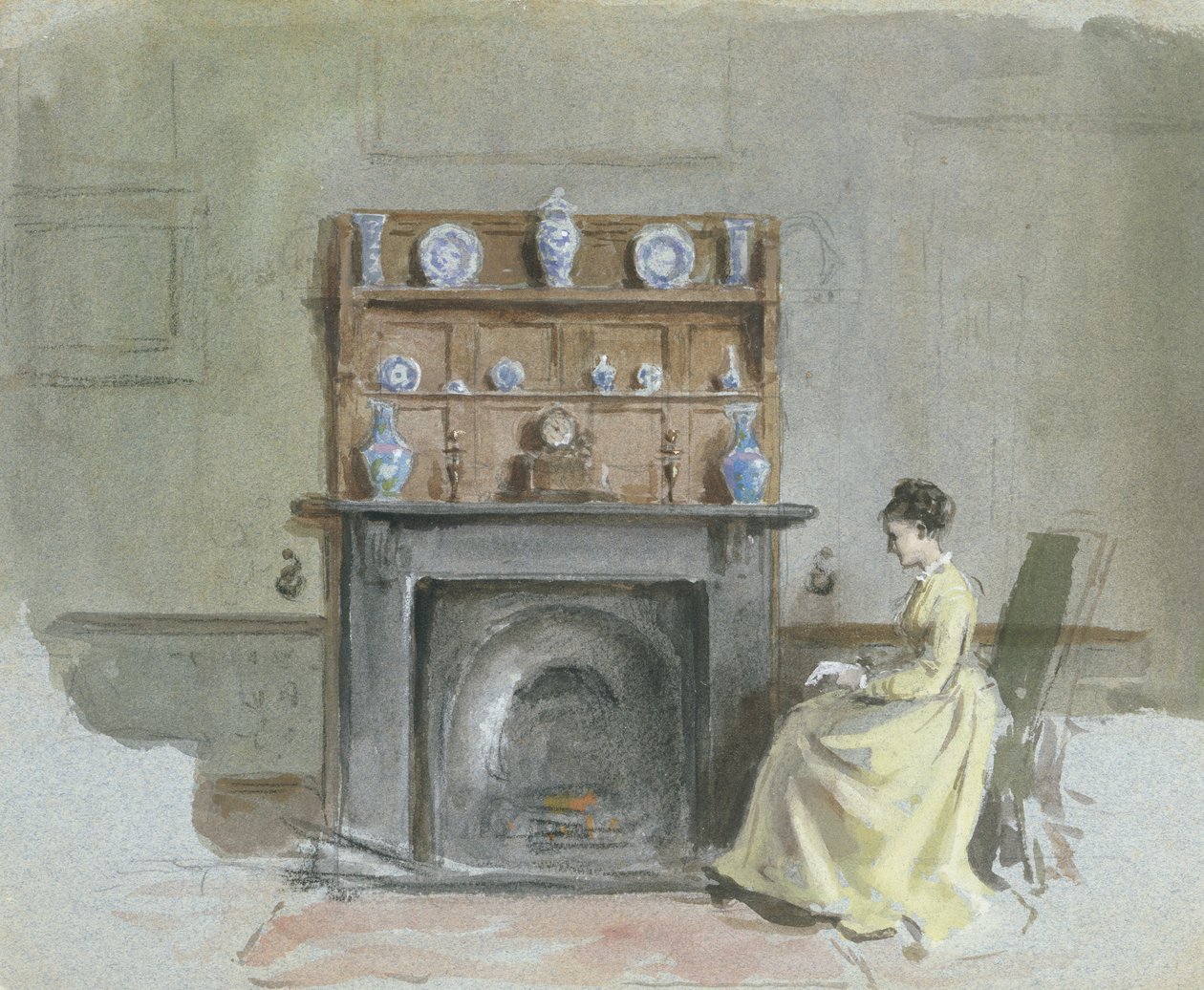 Dame am Kamin sitzend von George Goodwin Kilburne