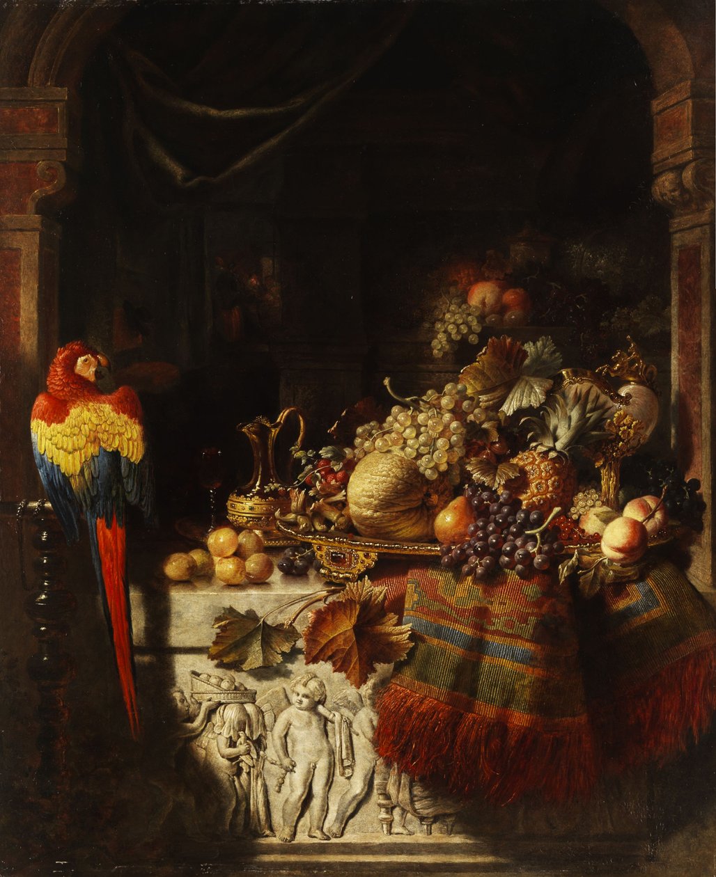 Stillleben mit Früchten und Papagei von George Lance
