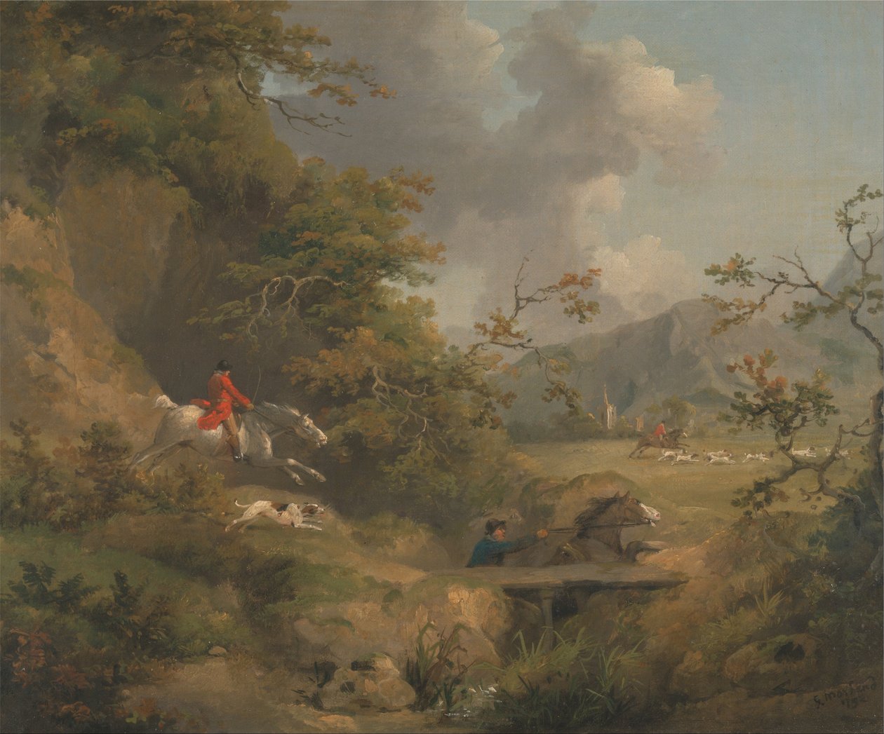Fuchsjagd in hügeligem Gelände von George Morland