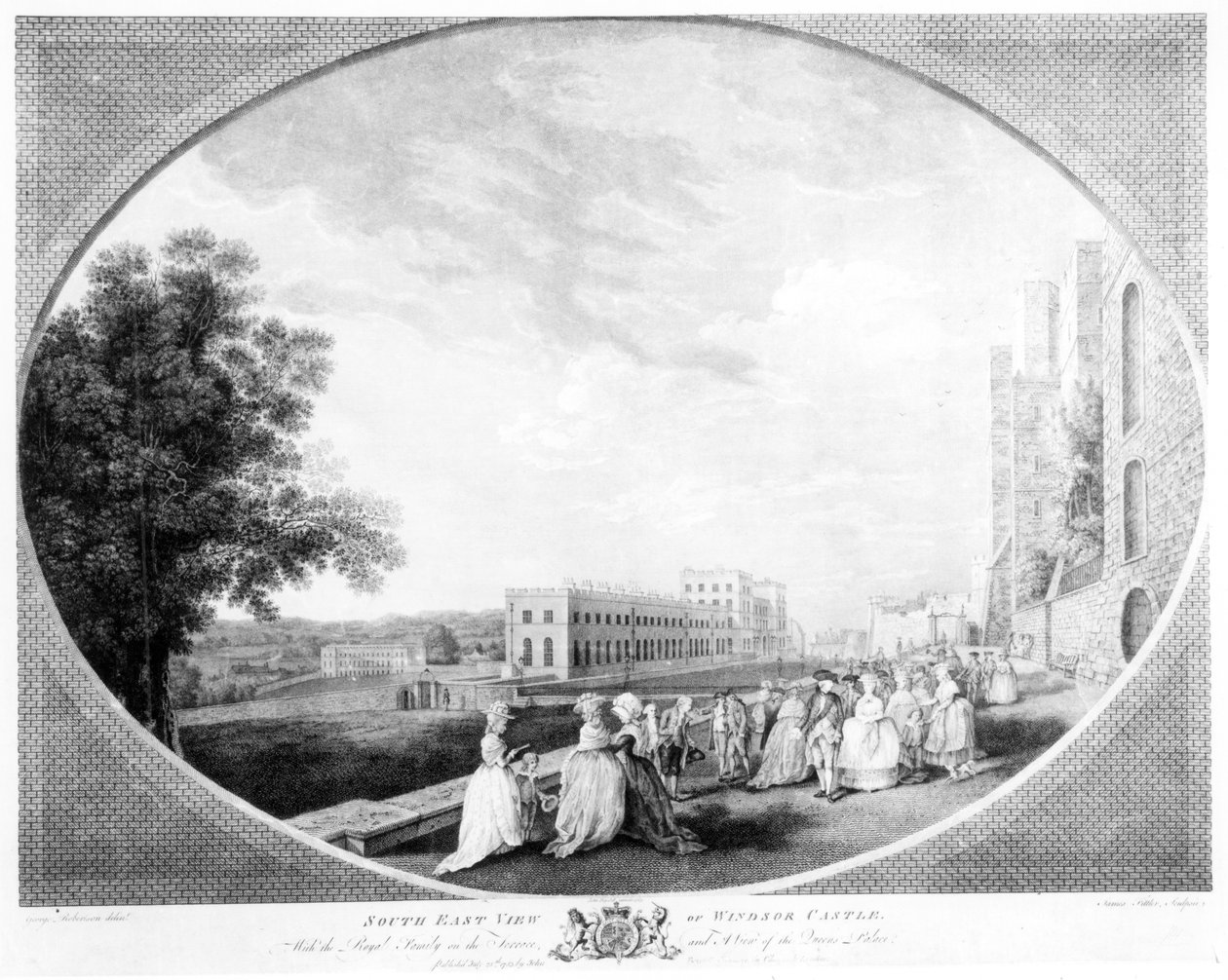 Südostansicht von Windsor Castle, mit der königlichen Familie auf der Terrasse und einer Ansicht des Queen