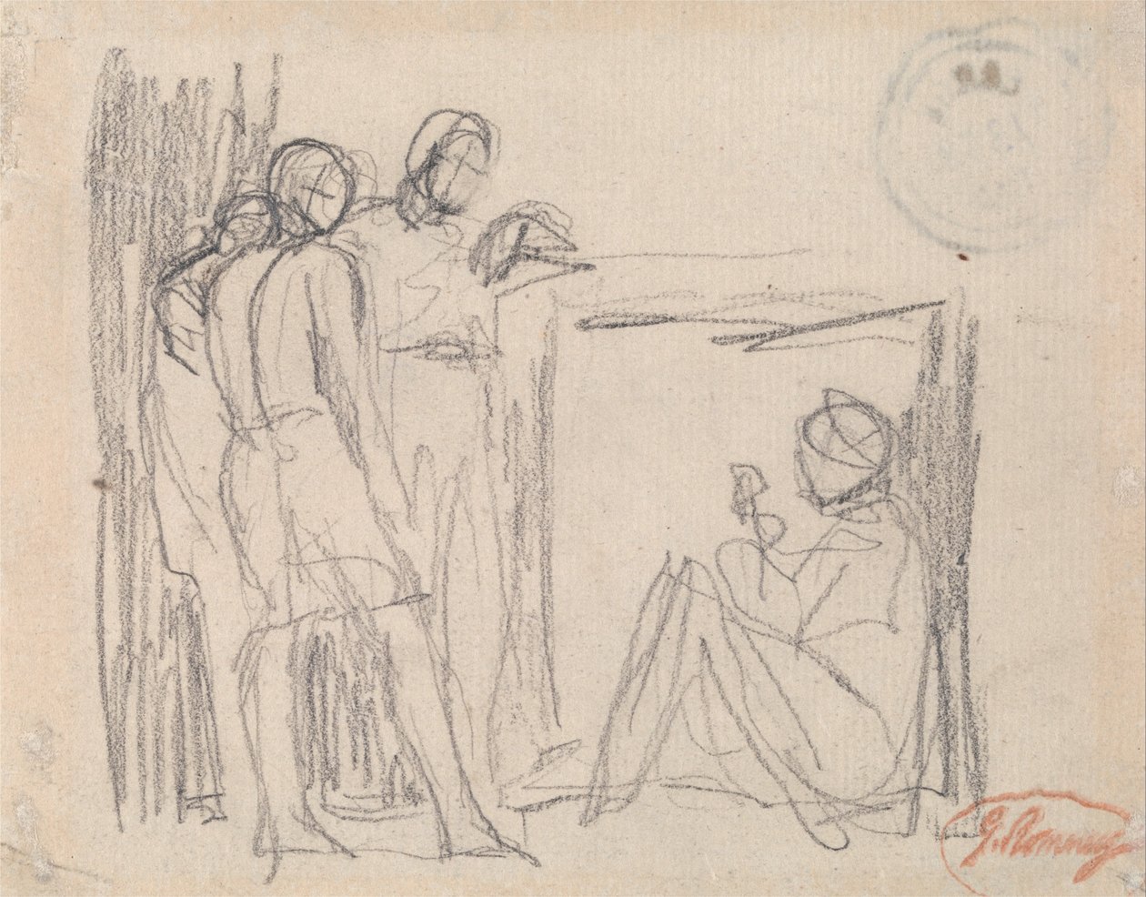 Drei stehende Figuren vor einer sitzenden Figur von George Romney