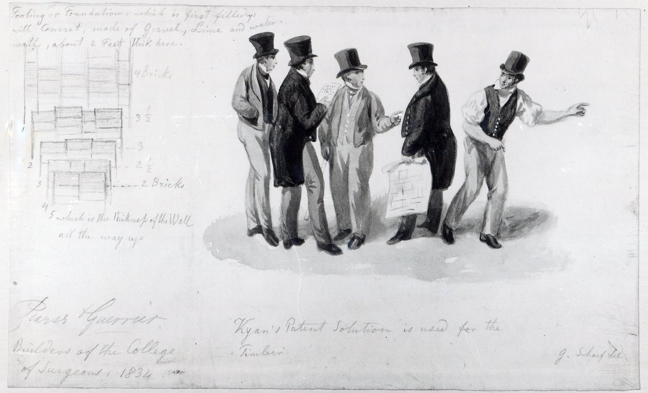 Bauarbeiter, Vermesser und Architekten beim Bau des Royal College of Surgeons, 1834 von George Snr Scharf