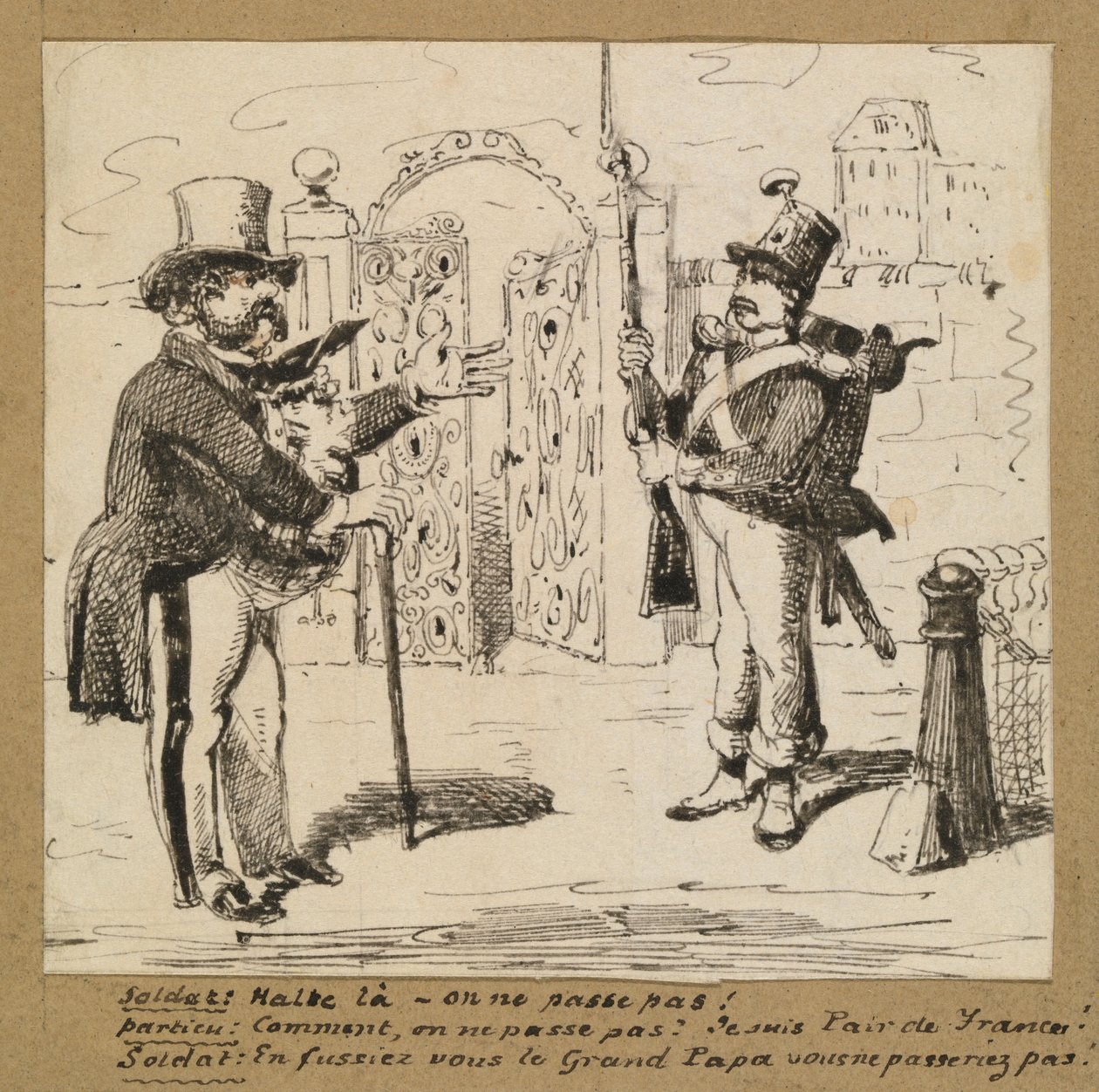 Wache hält Gentleman am Tor auf von George Augustus Sala