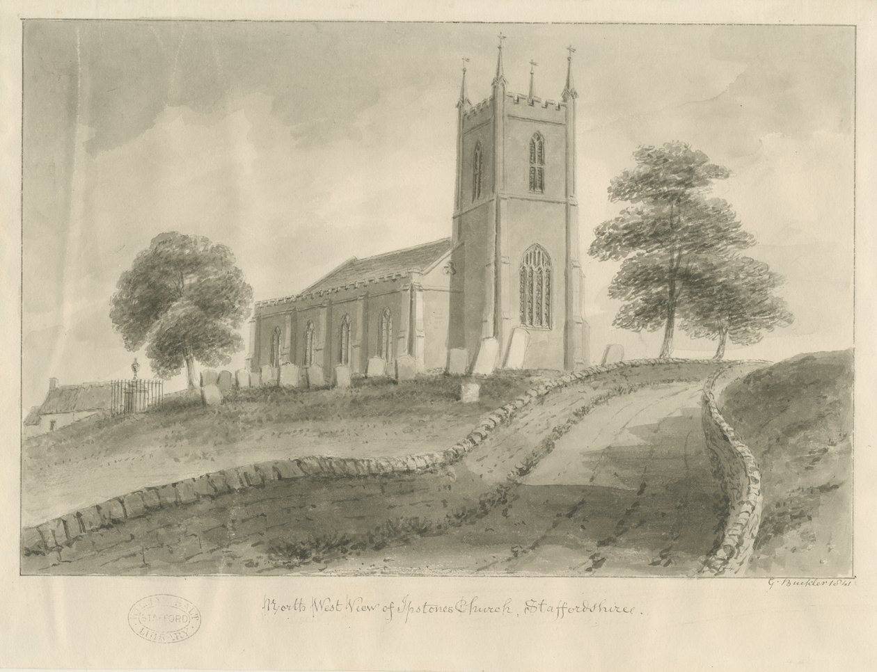Ipstones Church: Sepia-Zeichnung von George Buckler