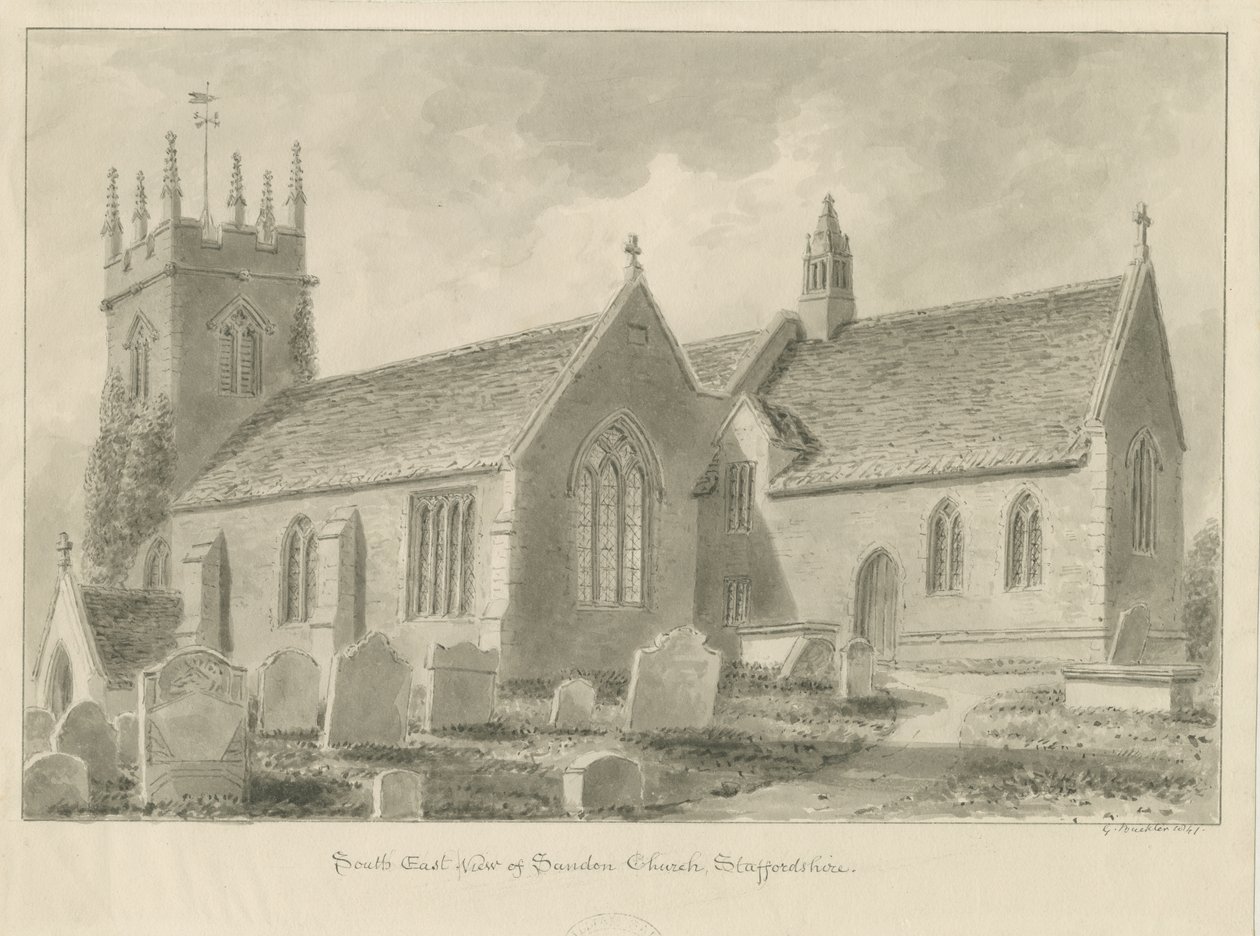 Sandon Kirche: Sepiazeichnung, 1841 von George Buckler